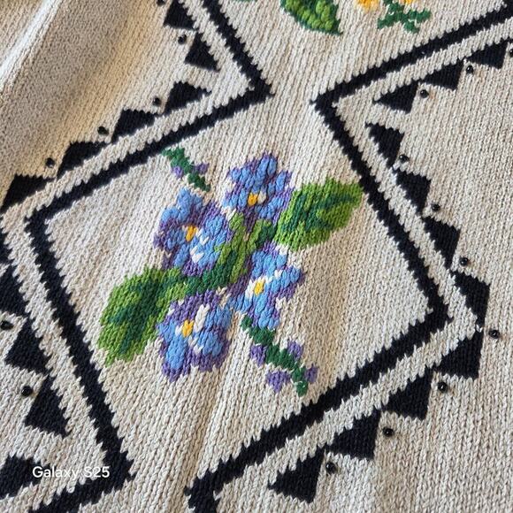 Vintage 90s Cottagecore Sweater Size M Floral Cotton Linen Blend Tan Coquette - Picture 4 of 7